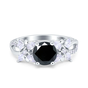 Art Deco Wedding Bridal Ring Round Simulated Black CZ 925 Sterling Silver